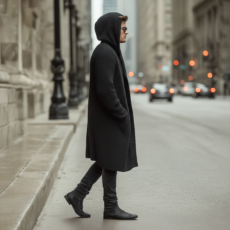 Men's Atmn And Winter Fashion Solid Color Cotnarnnitted Long Hooded Cardigan - Image 2