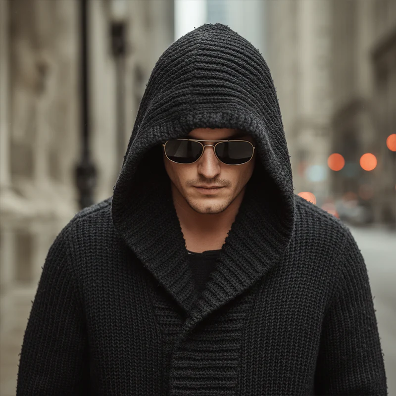 Men's Atmn And Winter Fashion Solid Color Cotnarnnitted Long Hooded Cardigan - Image 3
