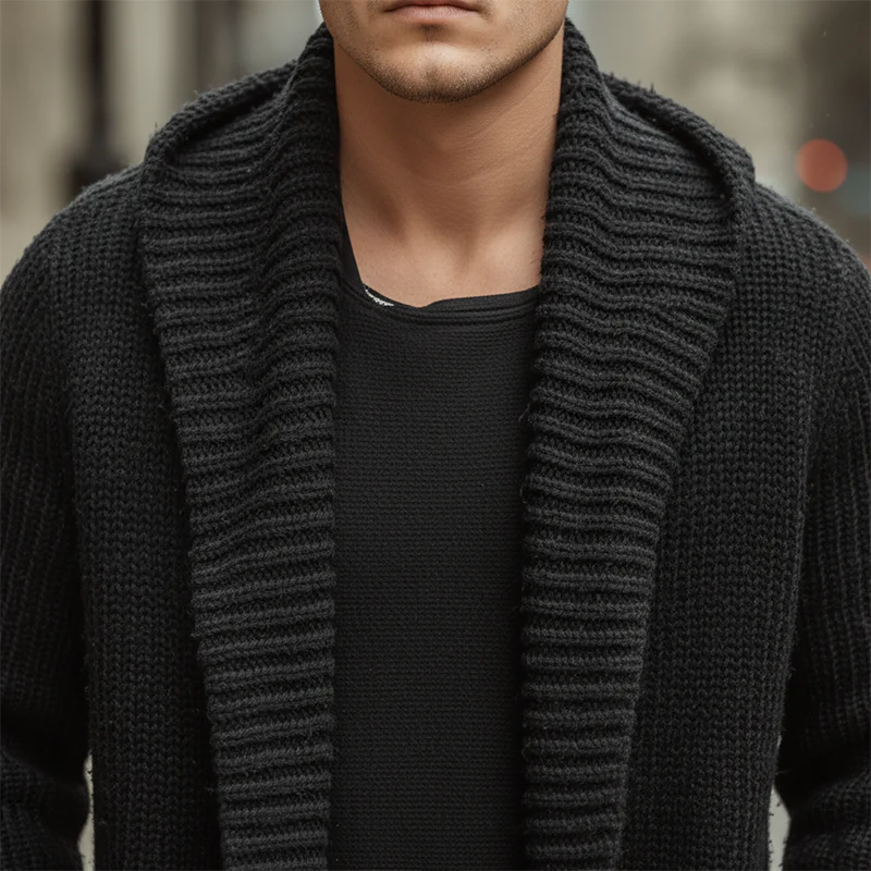 Men's Atmn And Winter Fashion Solid Color Cotnarnnitted Long Hooded Cardigan - Image 4