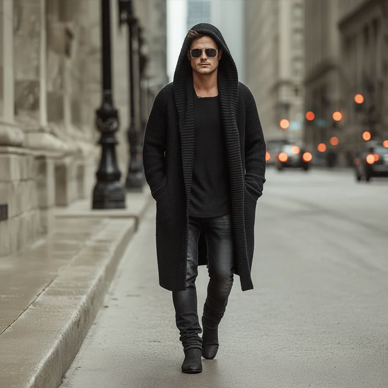 Men's Atmn And Winter Fashion Solid Color Cotnarnnitted Long Hooded Cardigan - Image 7