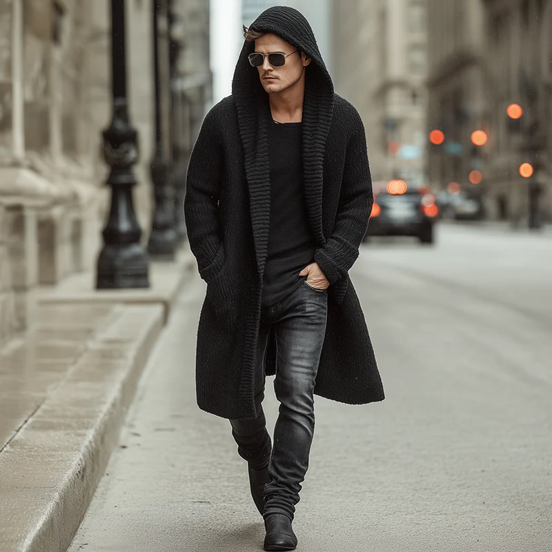 Men's Atmn And Winter Fashion Solid Color Cotnarnnitted Long Hooded Cardigan - Image 8