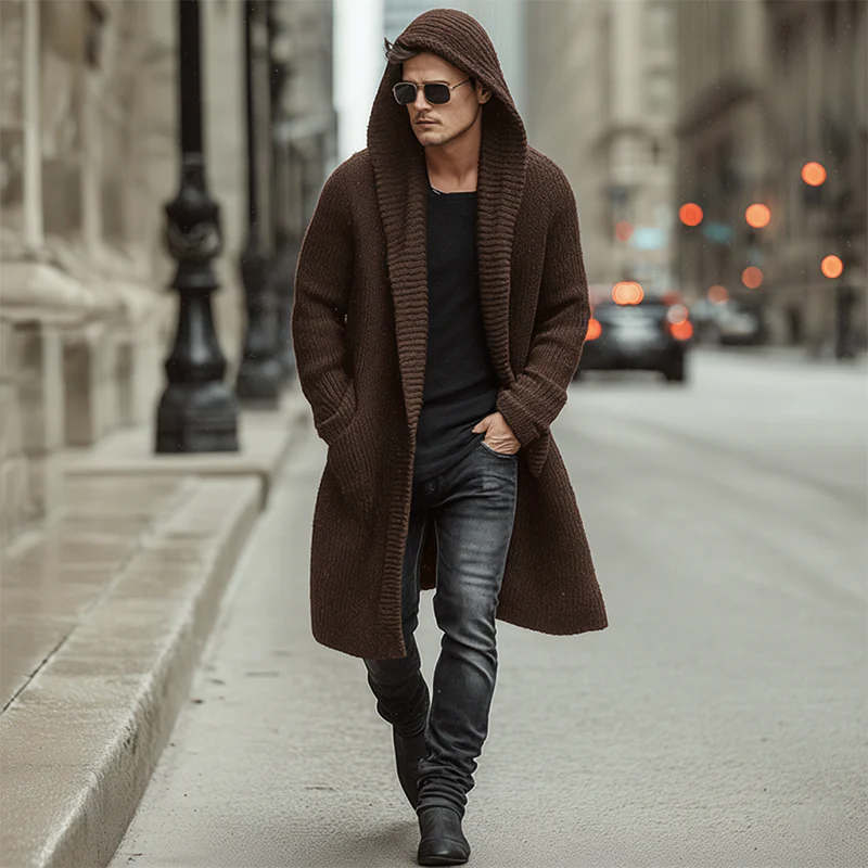 Men's Atmn And Winter Fashion Solid Color Cotnarnnitted Long Hooded Cardigan - Image 9