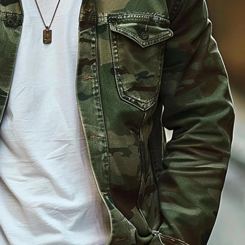 Men's Camoflage Canvas Retro Wear Lapel Jacket - Image 2
