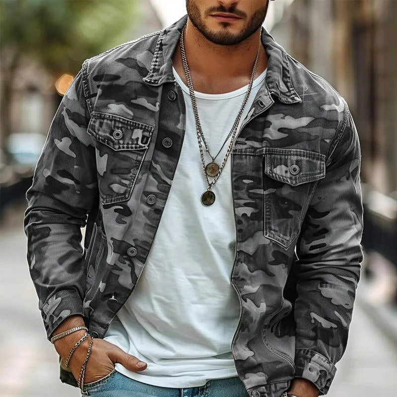 Men's Camoflage Canvas Retro Wear Lapel Jacket - Image 6