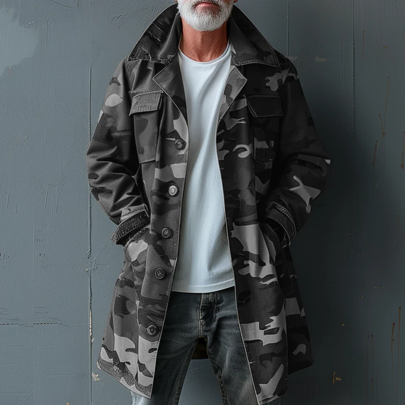 Men's Camoflage Lapel Breast Pocket Single Breastedid-length Cargo Trench Coat - Image 5
