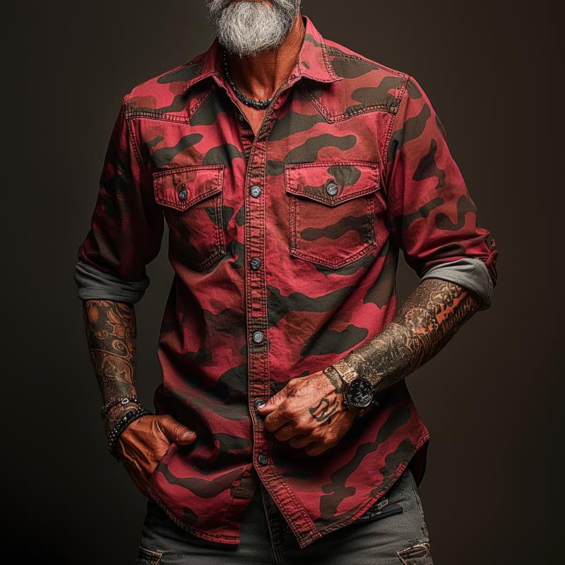 Men's Camoflage Lapel Chest Pocket Cargo Shirt - Image 3