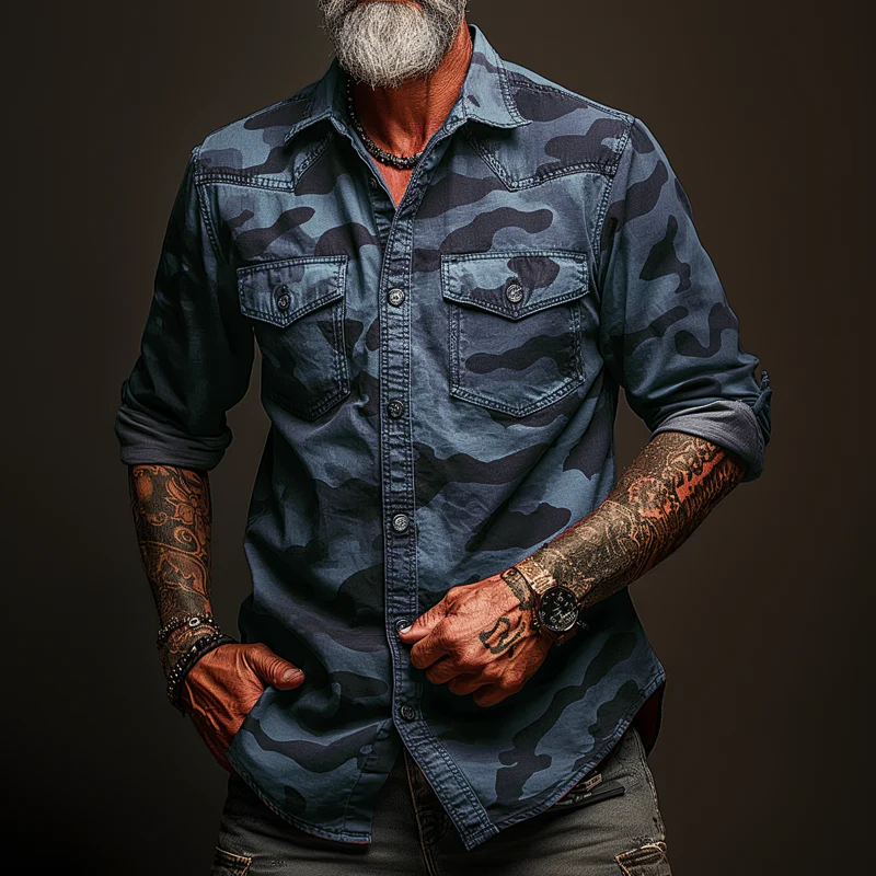 Men's Camoflage Lapel Chest Pocket Cargo Shirt - Image 4