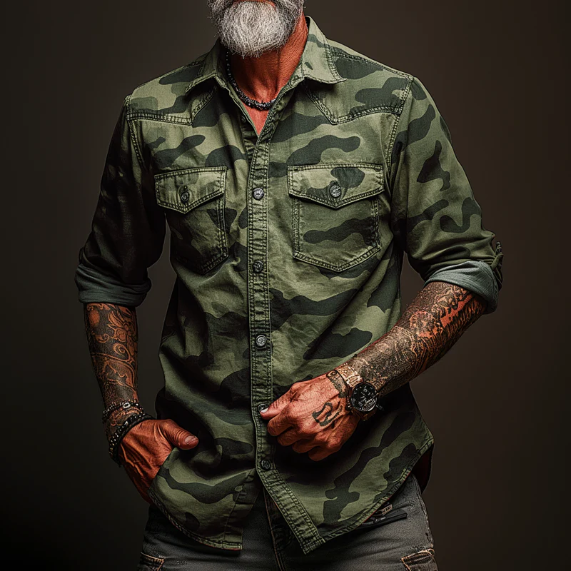 Men's Camoflage Lapel Chest Pocket Cargo Shirt - Image 5
