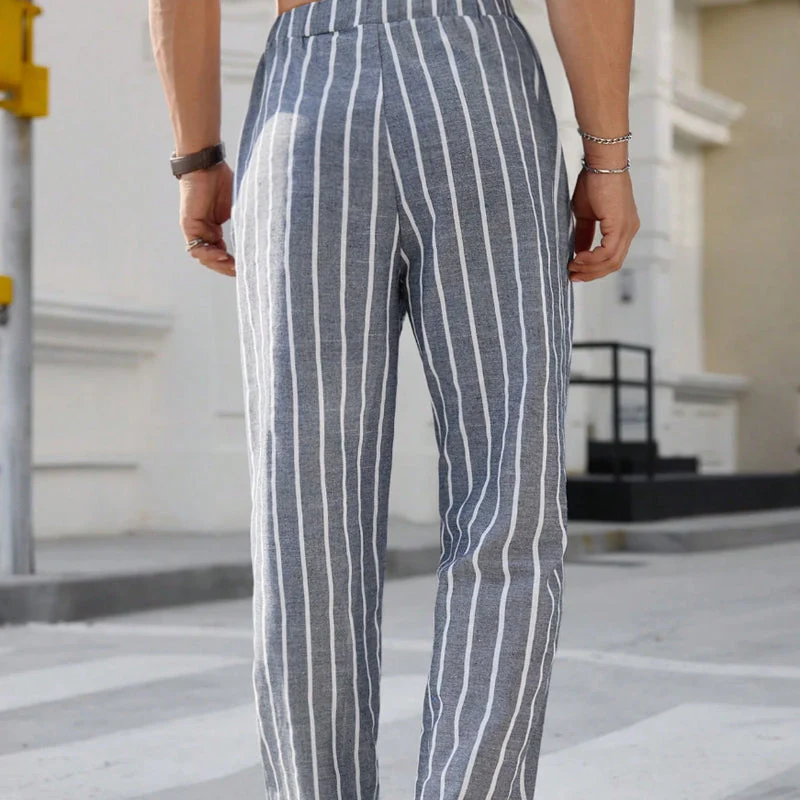 Men's Casal Cotn and Linen Striped Elastic Beach PantsX - Image 4
