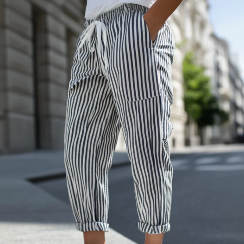 Men's Casal Cotn Blend Striped Elastic Waist Tapered Pants - Image 2