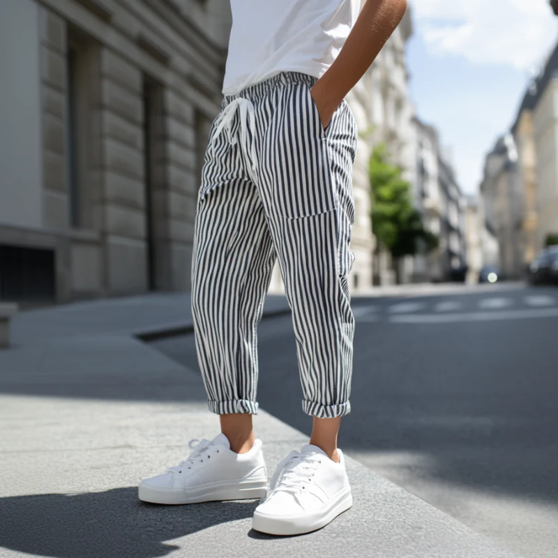 Men's Casal Cotn Blend Striped Elastic Waist Tapered Pants - Image 3