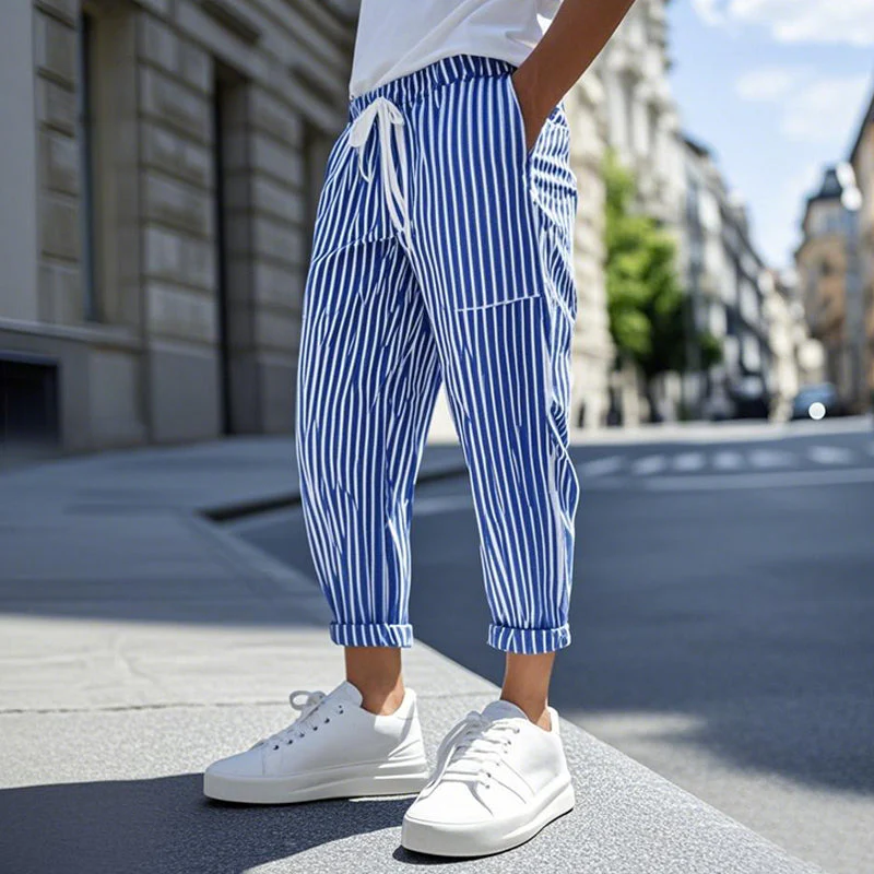 Men's Casal Cotn Blend Striped Elastic Waist Tapered Pants - Image 4