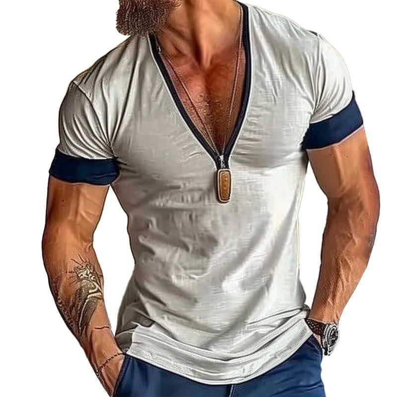 Men's Casal Cotn Blended Colorblock V Neck Short Sleeve T-Shirt - Image 2