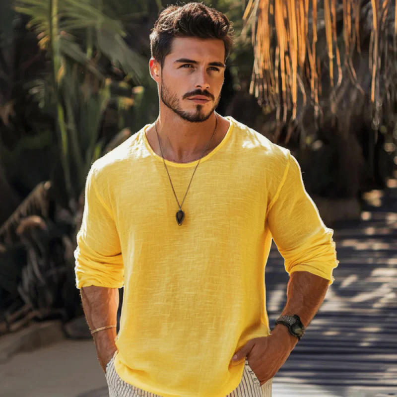 Men's Casal Cotn Linen Rond Neck Loose Long Sleeve T-ShirtM - Image 2