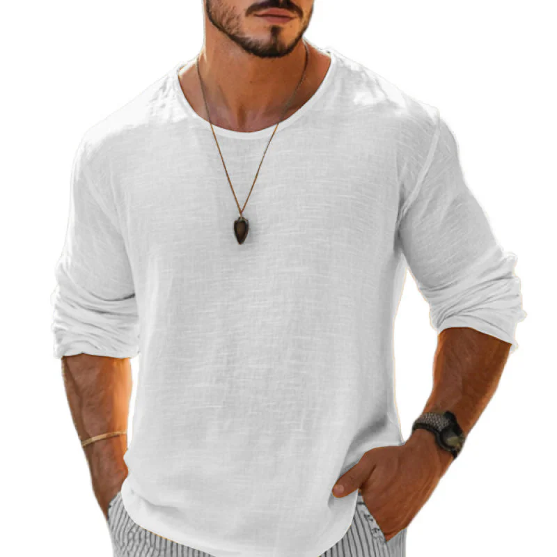 Men's Casal Cotn Linen Rond Neck Loose Long Sleeve T-ShirtM - Image 3