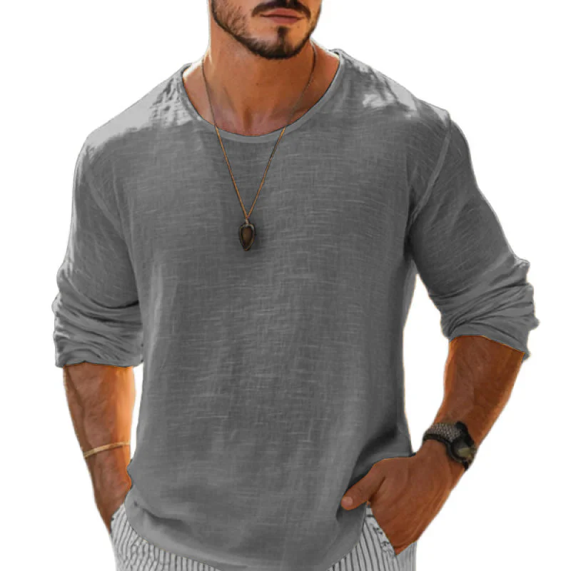 Men's Casal Cotn Linen Rond Neck Loose Long Sleeve T-ShirtM - Image 4