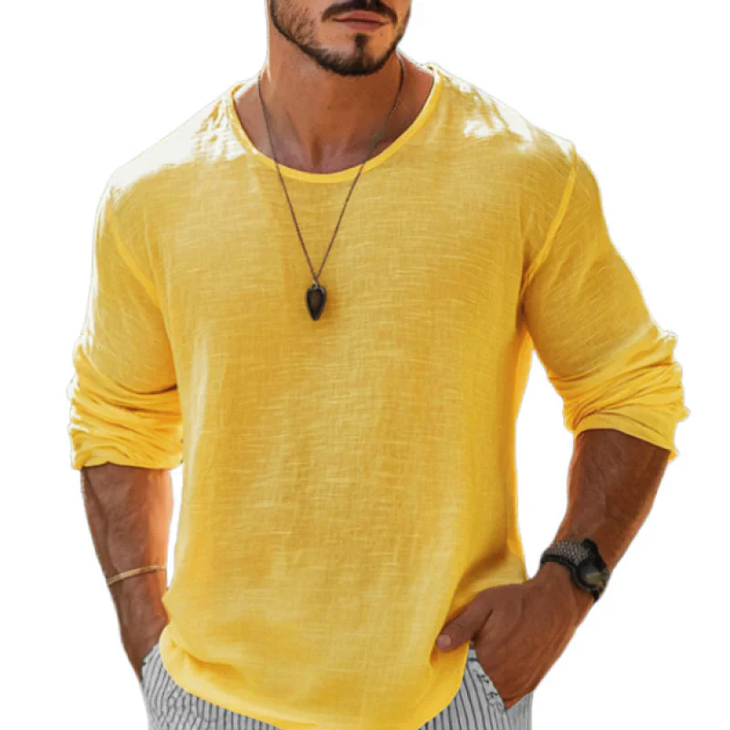 Men's Casal Cotn Linen Rond Neck Loose Long Sleeve T-ShirtM - Image 5