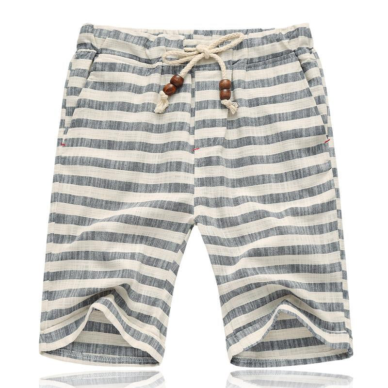 Men's Casal Cotn Linen Stripe Elastic Waist Straight Shorts - Image 12