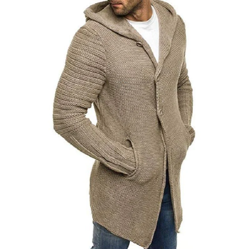 Men's Casual Hooded Single Breasted Long Sleeve Mid Length Knit Cardigan - Image 2