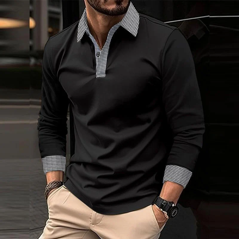 Men's Casal Plaid Patchwork Long-Sleeved Polo Shirt - Image 4