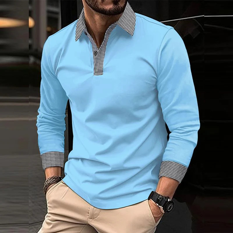Men's Casal Plaid Patchwork Long-Sleeved Polo Shirt - Image 6