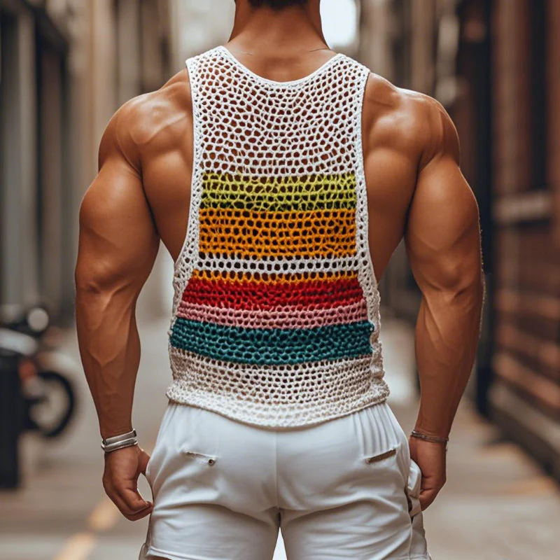 Men's Casal Rond Neck Color Striped Crochet Tank p - Image 2