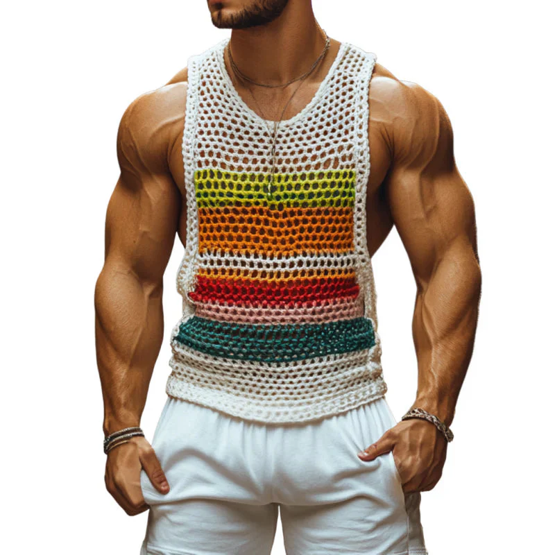 Men's Casal Rond Neck Color Striped Crochet Tank p - Image 4