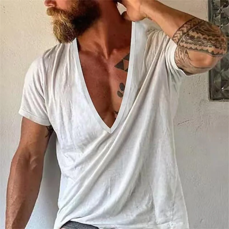 Men's Casal Solid Color Breathable Cotn V-Neck Short-Sleeved T-Shirt - Image 2