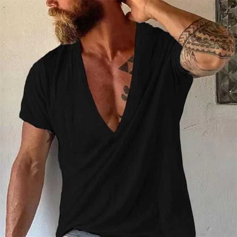 Men's Casal Solid Color Breathable Cotn V-Neck Short-Sleeved T-Shirt - Image 3
