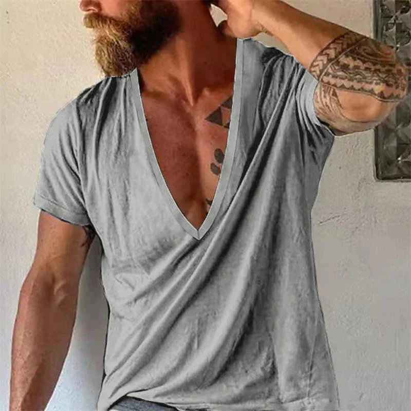 Men's Casal Solid Color Breathable Cotn V-Neck Short-Sleeved T-Shirt - Image 4
