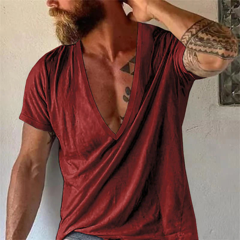 Men's Casal Solid Color Breathable Cotn V-Neck Short-Sleeved T-Shirt - Image 7