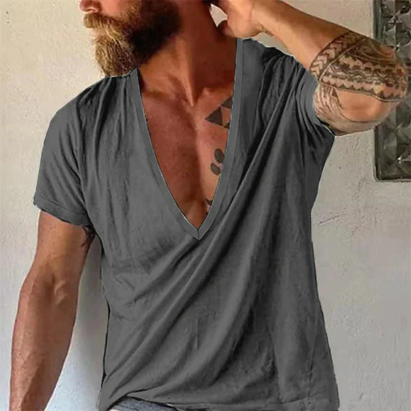 Men's Casal Solid Color Breathable Cotn V-Neck Short-Sleeved T-Shirt - Image 9