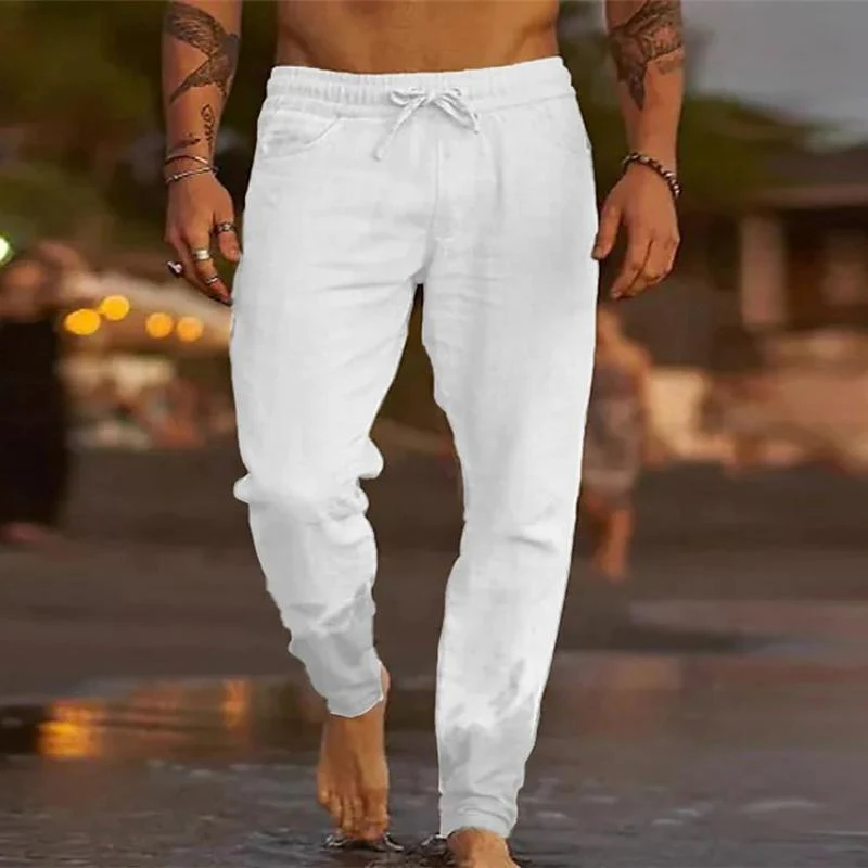 Men's Casal Solid Color Cotn Blend Drawstring Elastic Waist Loose Beach Pants - Image 2