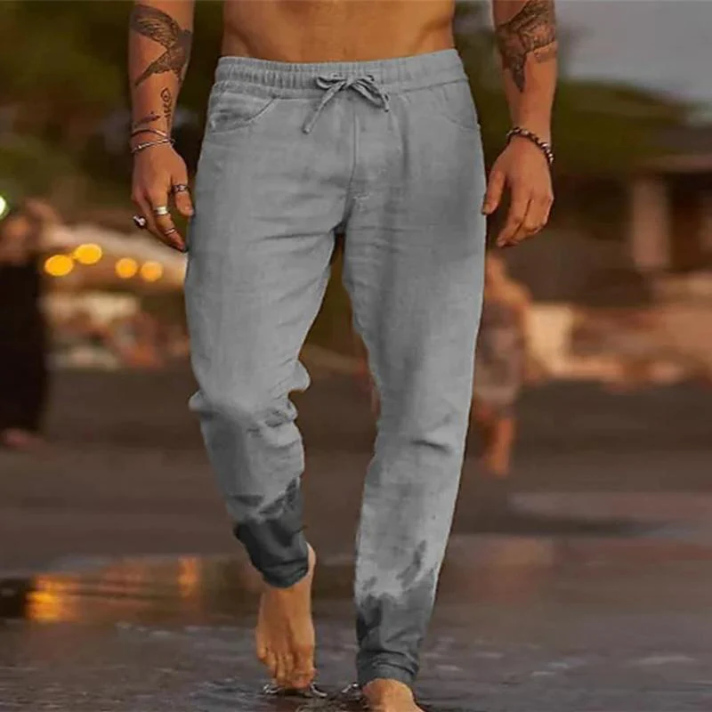 Men's Casal Solid Color Cotn Blend Drawstring Elastic Waist Loose Beach Pants - Image 3