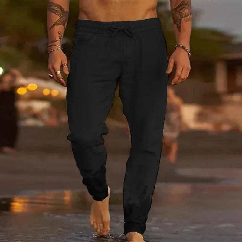 Men's Casal Solid Color Cotn Blend Drawstring Elastic Waist Loose Beach Pants - Image 4