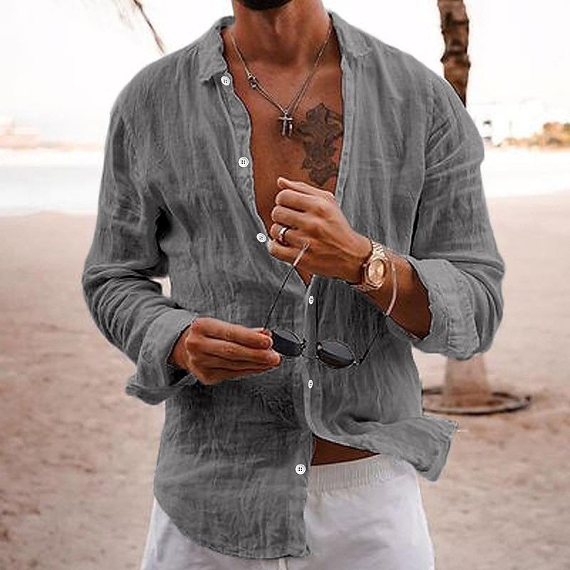 Men's Casal Solid Color Lapel Cotn Linen Long-Sleeved Shirt - Image 5
