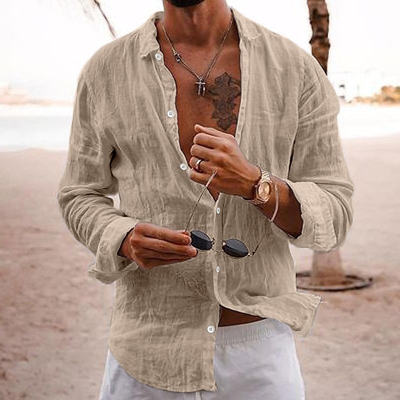 Men's Casal Solid Color Lapel Cotn Linen Long-Sleeved Shirt - Image 8