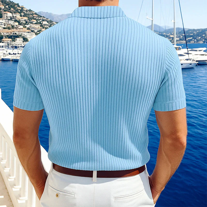 Men's Casal Solid Color Softnit Lapel SliShort Sleeve Polo Shirt SweaterM - Image 2