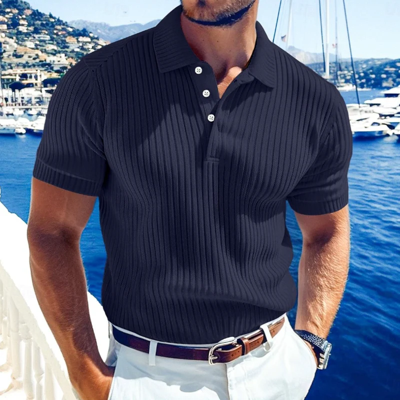 Men's Casal Solid Color Softnit Lapel SliShort Sleeve Polo Shirt SweaterM - Image 3