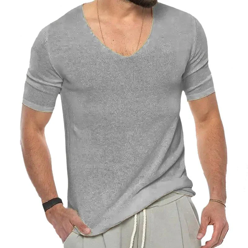 Men's Casal Solid Color V -Neck Short -Sleevednit Sweater - Image 2