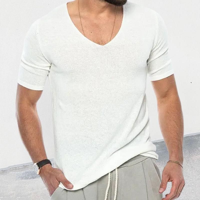 Men's Casal Solid Color V -Neck Short -Sleevednit Sweater - Image 4