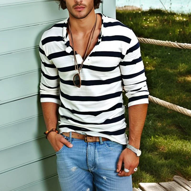Men's Casal Striped Henley Collar Cotn Blend Long Sleeve T-Shirt - Image 2