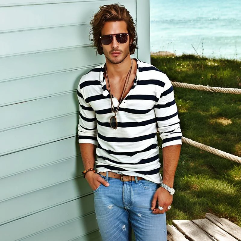 Men's Casal Striped Henley Collar Cotn Blend Long Sleeve T-Shirt - Image 4