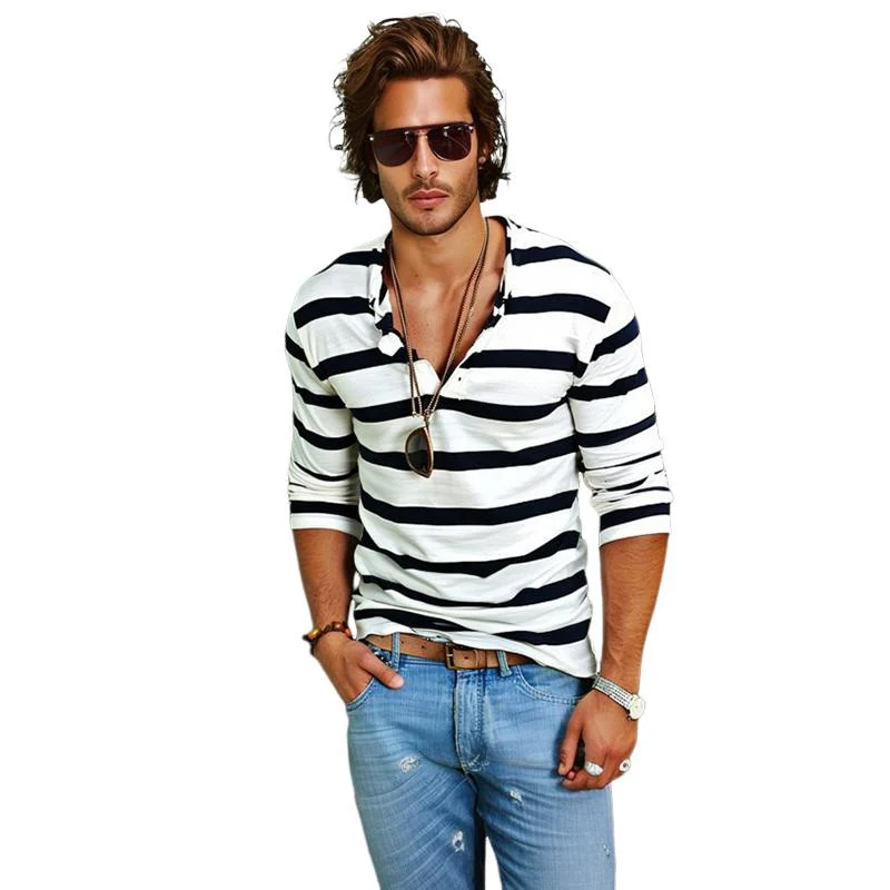 Men's Casal Striped Henley Collar Cotn Blend Long Sleeve T-Shirt - Image 5