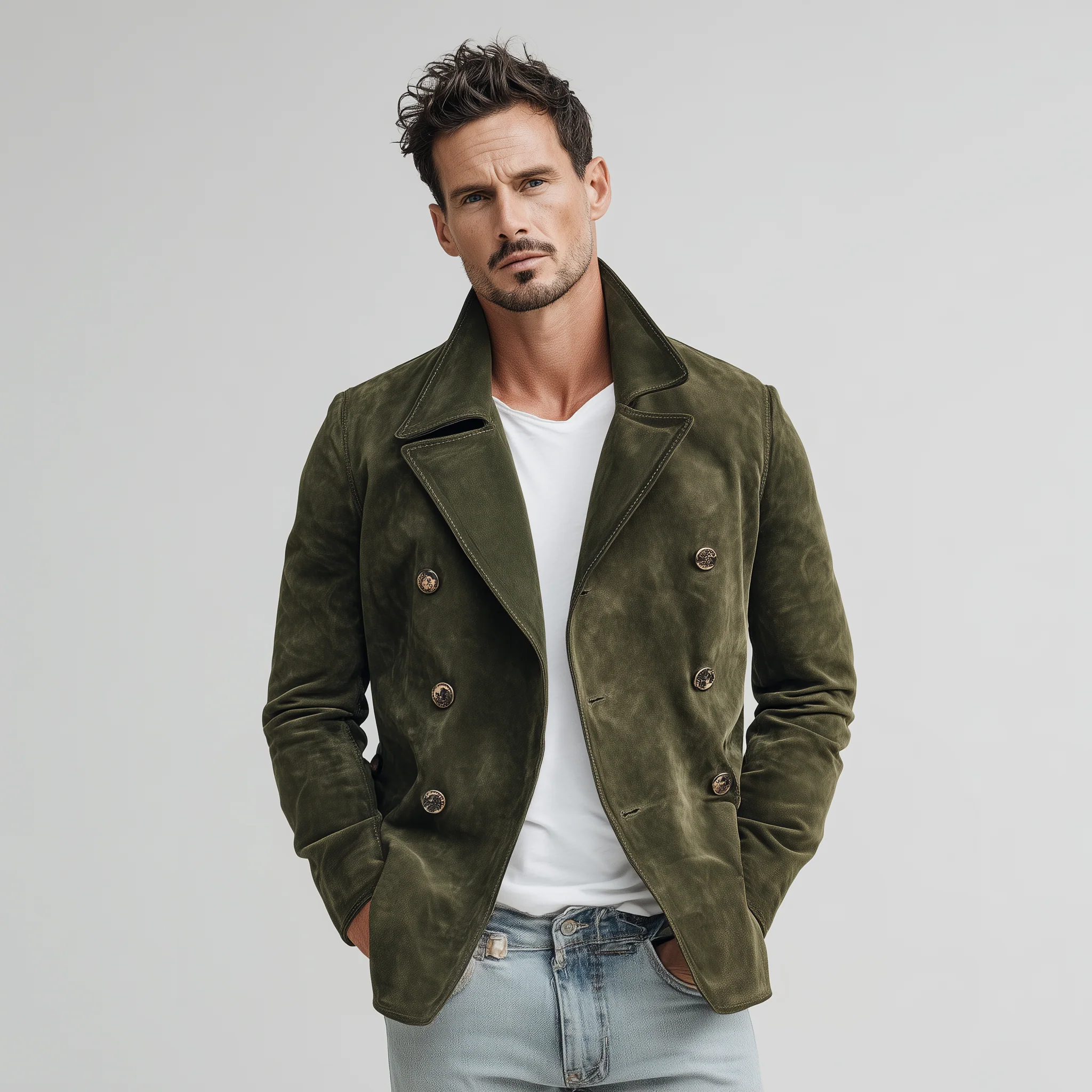 Men's Classic Casal Lapel Sede Doble Breasted JacketK - Image 2