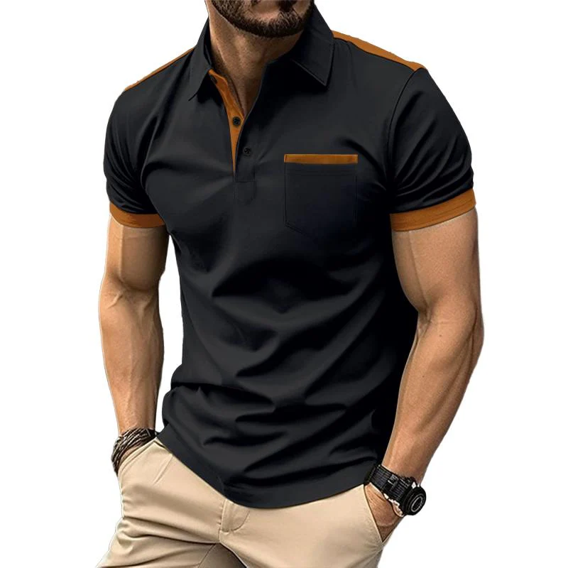 Men's Colorblock Chest Pocket Lapel Cotn Blend Short Sleeve Polo Shirt - Image 6