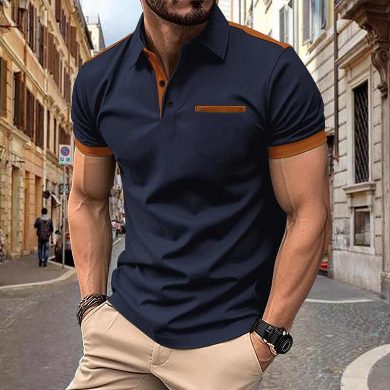 Men's Colorblock Chest Pocket Lapel Cotn Blend Short Sleeve Polo Shirt - Image 7