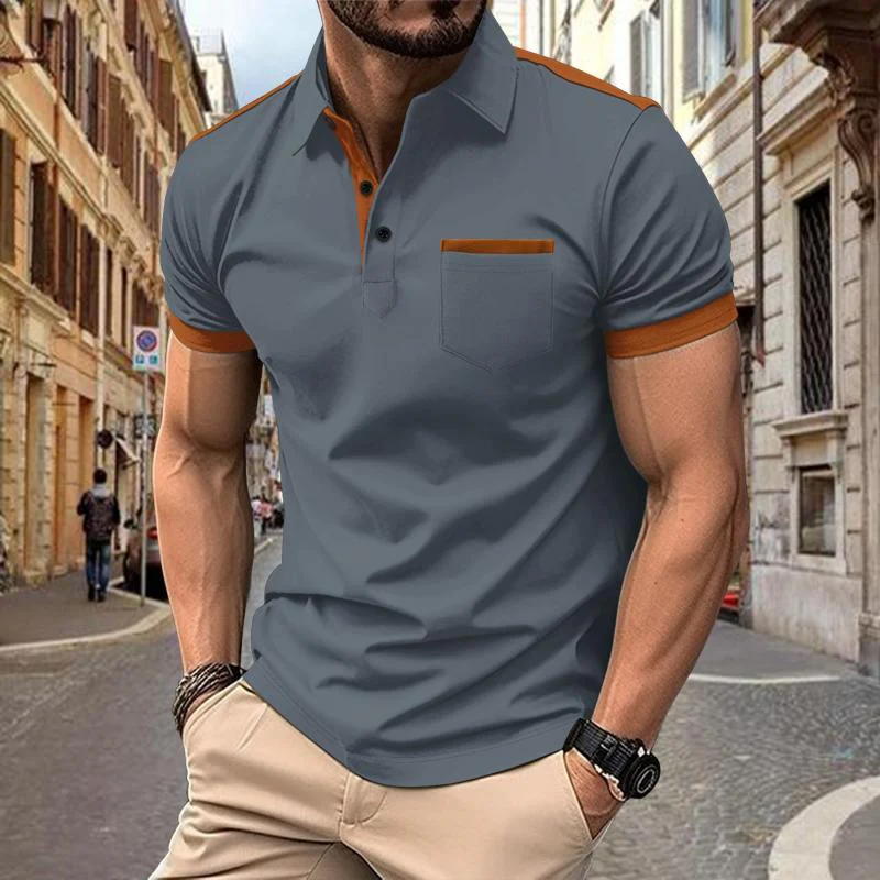 Men's Colorblock Chest Pocket Lapel Cotn Blend Short Sleeve Polo Shirt - Image 8