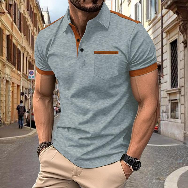 Men's Colorblock Chest Pocket Lapel Cotn Blend Short Sleeve Polo Shirt - Image 9
