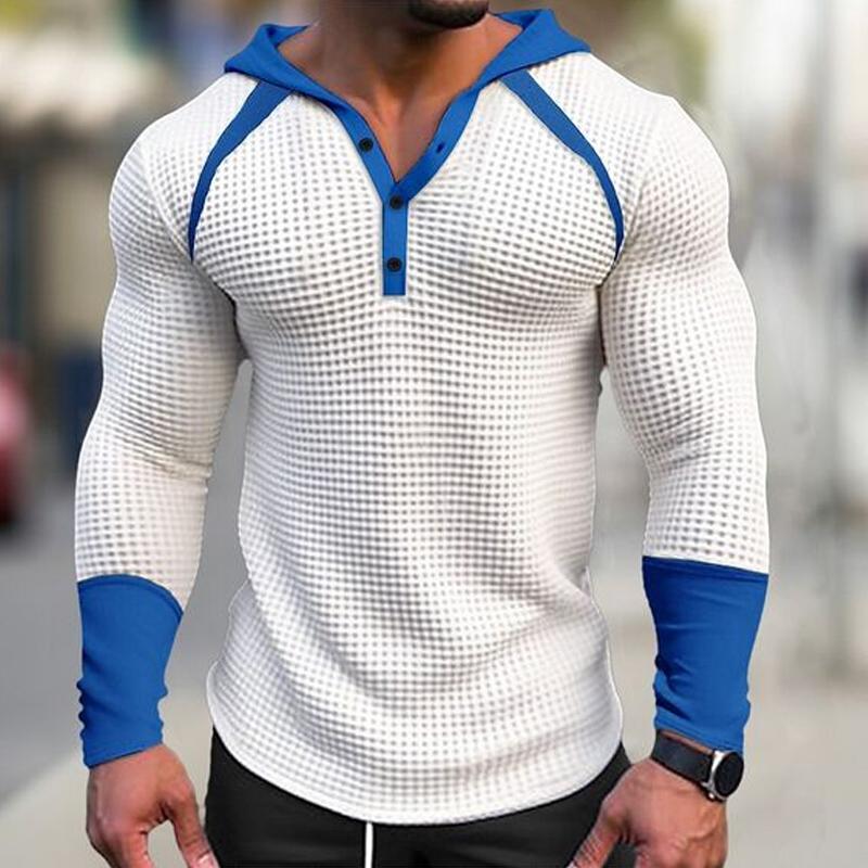 Men's Colorblock Waffle Hooded Raglan Sleeve Sweatshirt - Image 3